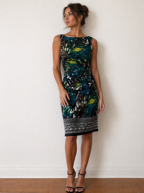 Dresses & Skirts - Tropical Print Bodycon Dress Size S | Ruched Waist | Resort Style